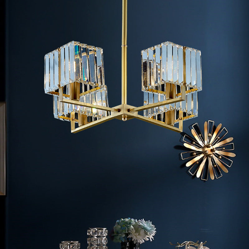 Cuboid Crystal Block Lampella Light Light Contemporary 4/6 Heads Camera da letto Apparecchiatura a sospensione in oro