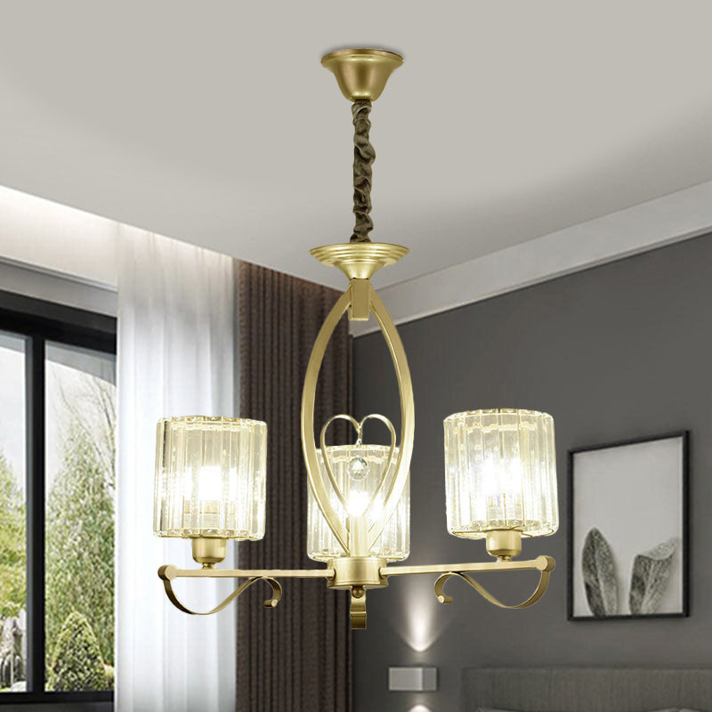 Crystal Cylindrical Suspension Light Traditional 3/6 Heads Sitting Room Chandelier Pendant Lamp in Gold