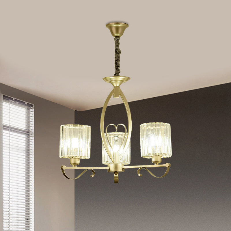 Crystal Cylindrical Suspension Light Traditional 3/6 Heads Sitting Room Chandelier Pendant Lamp in Gold