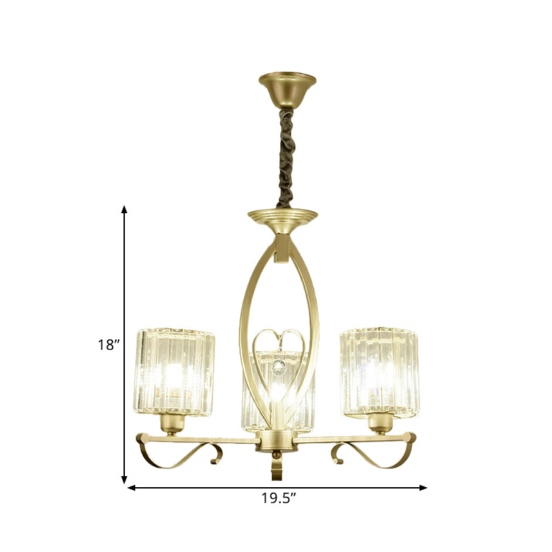 Crystal Cylindrical Suspension Light Traditional 3/6 Heads Sitting Room Chandelier Pendant Lamp in Gold