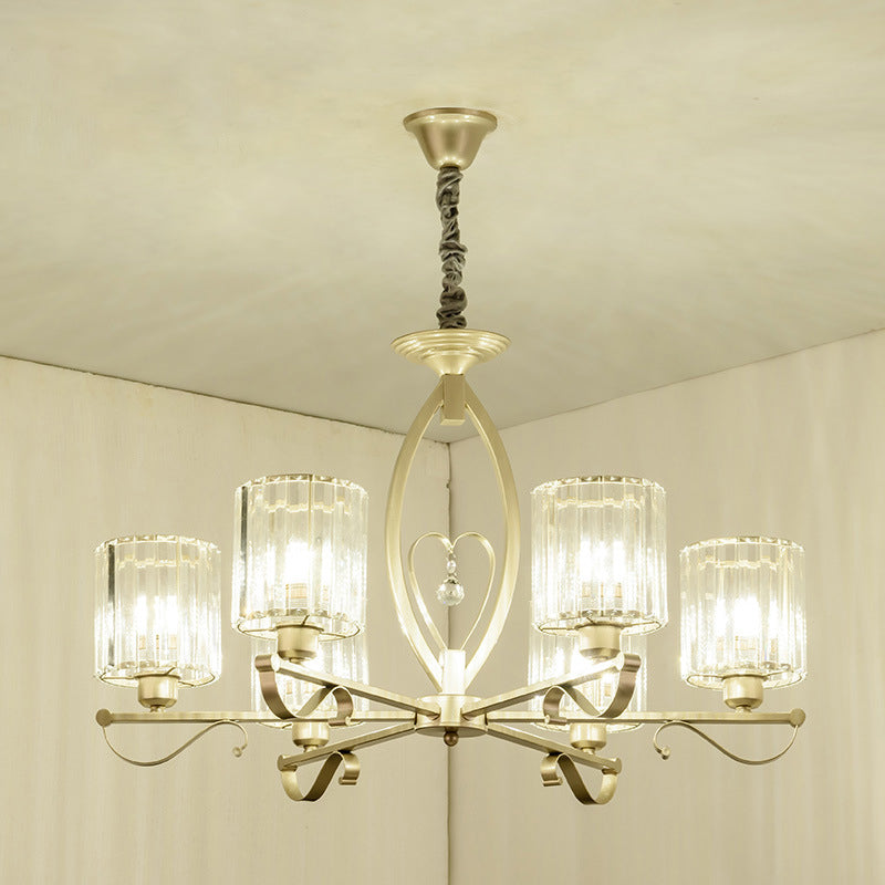 Crystal Cylindrical Suspension Light Traditional 3/6 Heads Sitting Room Chandelier Pendant Lamp in Gold