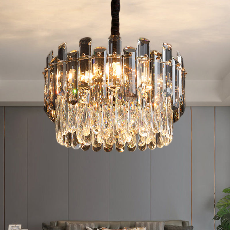 Clear Drum Suspension Lamp Modern Crystal Prismatic 6 Bulbs Dinning Hall Chandelier Light Fixture