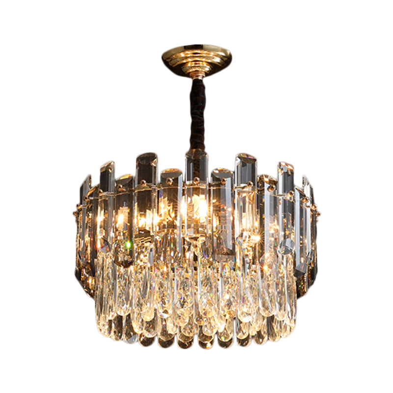 Clear Drum Suspension Lamp Modern Crystal Prismatic 6 Bulbs Dinning Hall Chandelier Light Fixture