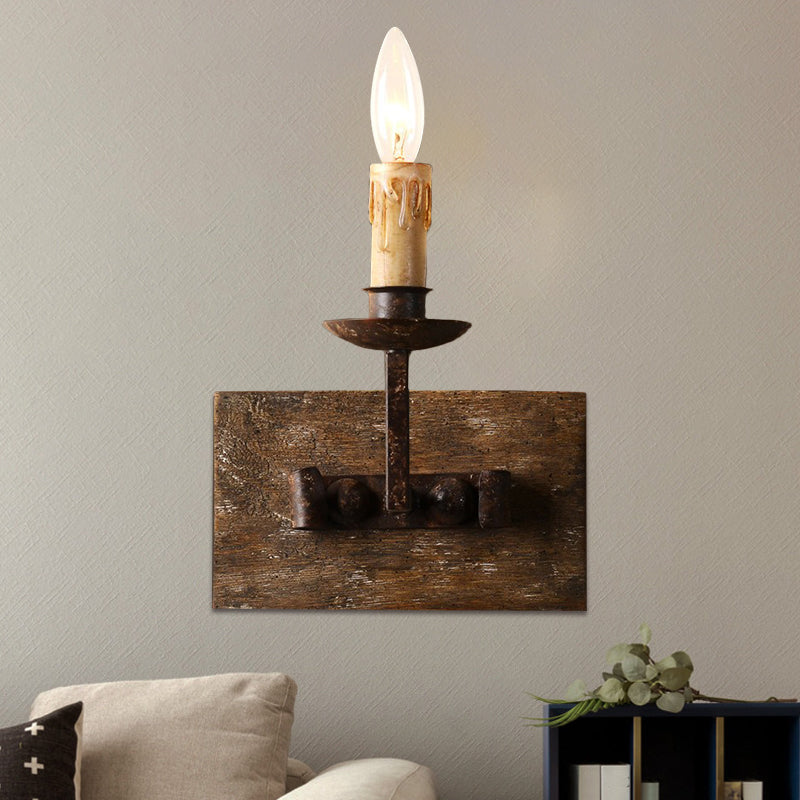 Rustic Style Candelabra Wall Light Fixture 1/2/3-Bulb Metallic Wall Mount Lamp in Brown with Rectangle Wood Backplate