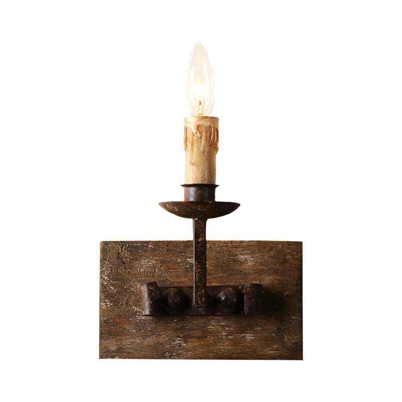 Rustic Style Candelabra Wall Light Fixture 1/2/3-Bulb Metallic Wall Mount Lamp in Brown with Rectangle Wood Backplate