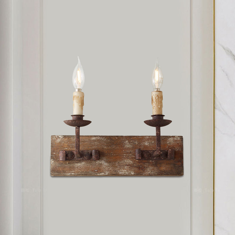 Rustic Style Candelabra Wall Light Fixture 1/2/3-Bulb Metallic Wall Mount Lamp in Brown with Rectangle Wood Backplate