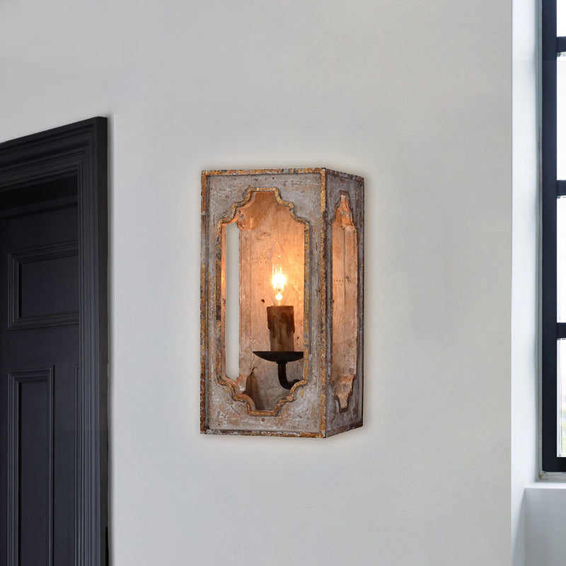 Metallic Cuboid Sconce Lighting Fixture with Candle Design Country Style 1 Bulb Corridor Wall Lamp in Rust