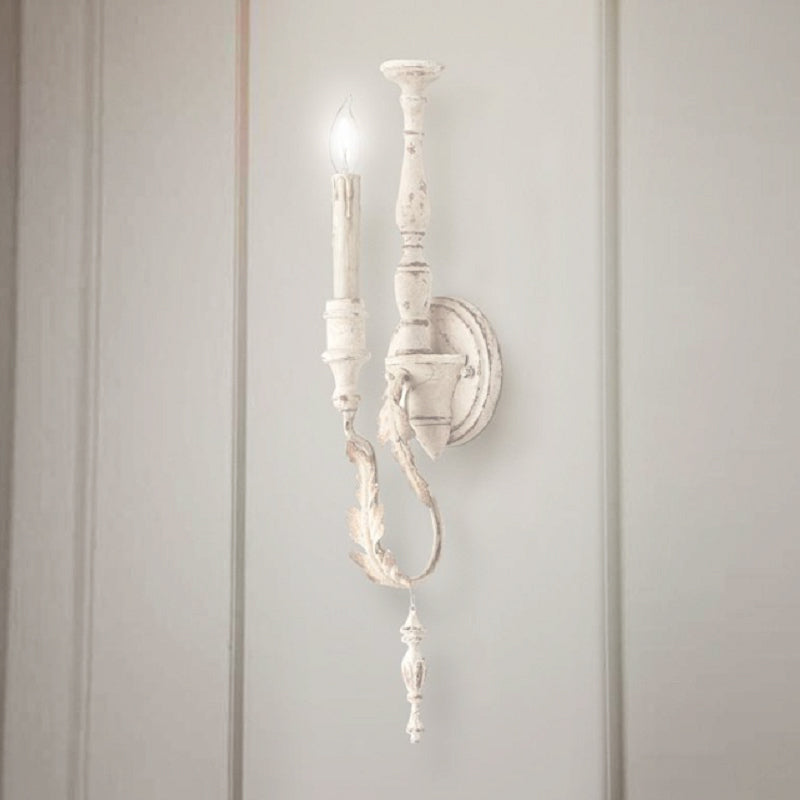 1-Light Candle Wall Light Fixture Rustic White/Brown Finish Metallic Wall Mounted Lamp