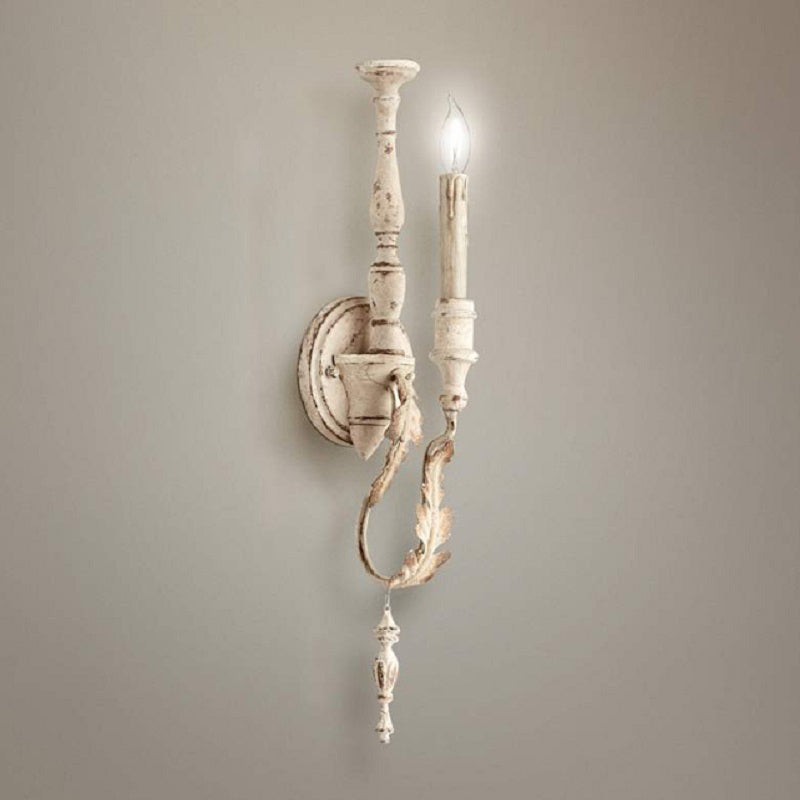 1-Light Candle Wall Light Fixture Rustic White/Brown Finish Metallic Wall Mounted Lamp