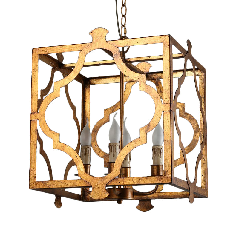 Antiqued Cube Cage Ceiling Chandelier 4 Lights Metal Candelabra Hanging Light Fixture in Brown
