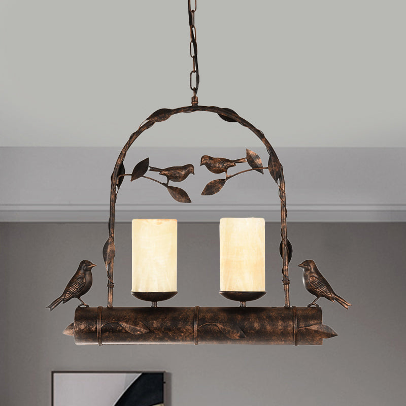 2 lumières Pendante lustre vintage Bird Cage Metal Hanging Lamp Kit avec cylindre Opal Glass Shade in Antique Black