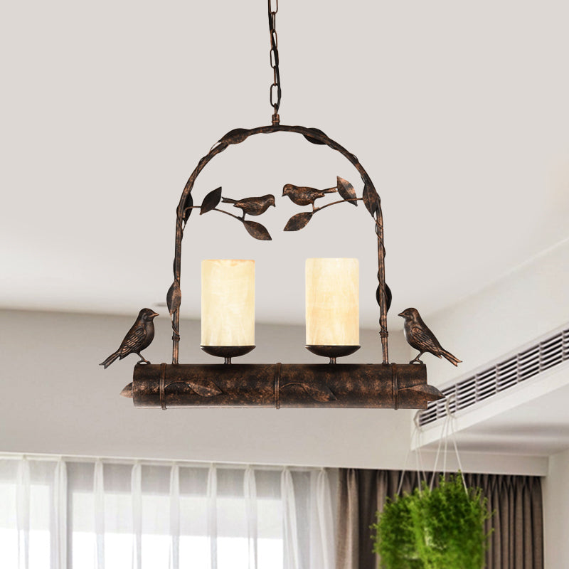 2 Lichter Anhänger Kronleuchter Vintage Vogel Käfig Metallhanglampe Kit mit Zylinder Opalglas Schatten in antik Schwarz