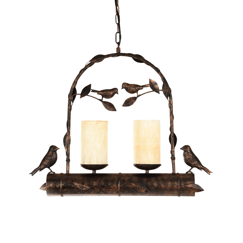 2 lumières Pendante lustre vintage Bird Cage Metal Hanging Lamp Kit avec cylindre Opal Glass Shade in Antique Black