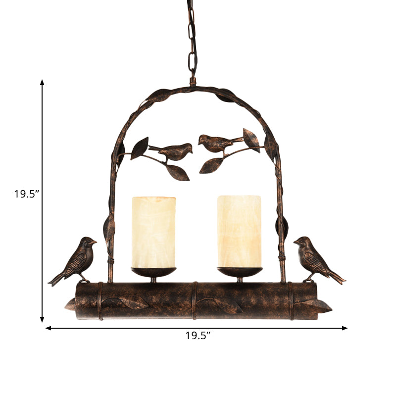 2 lumières Pendante lustre vintage Bird Cage Metal Hanging Lamp Kit avec cylindre Opal Glass Shade in Antique Black