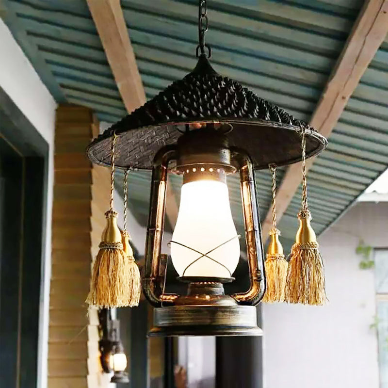 Coastal Style Lantern Shaped Pendulum Light 1-Bulb Metal Hanging Pendant Lamp in Bronze