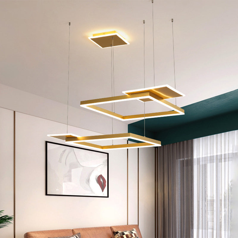 Square Suspension Chandelier Pendant Light Modernist LED Metal Ceiling Lamp in Gold/Coffee, Warm/White Light