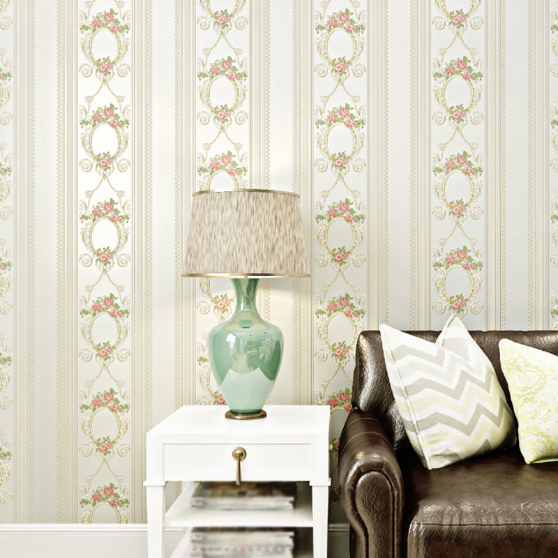 Rustic Floral Striped Wallpaper Pastel Color Stain-Proof Wall Art for Living Room