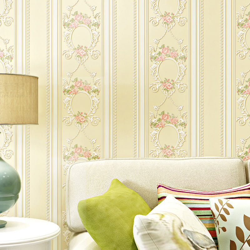 Rustic Floral Striped Wallpaper Pastel Color Stain-Proof Wall Art for Living Room