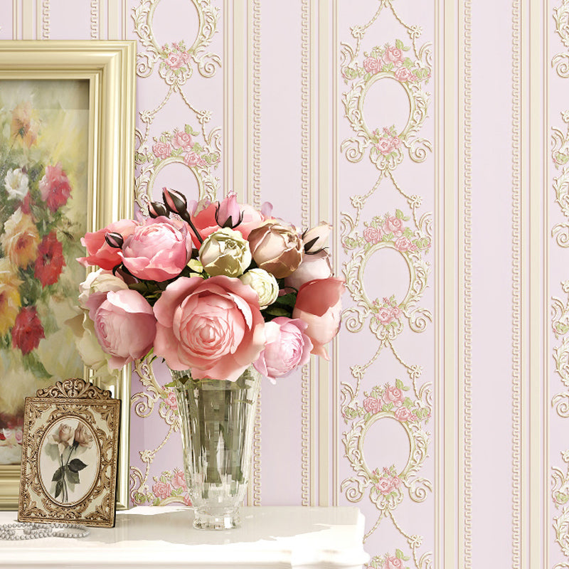 Rustic Floral Striped Wallpaper Pastel Color Stain-Proof Wall Art for Living Room