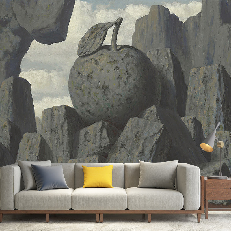 Grey Stone Mountain Wall Murals Magritte Artwork Surrealism Waterproof Wall Covering for Bedroom