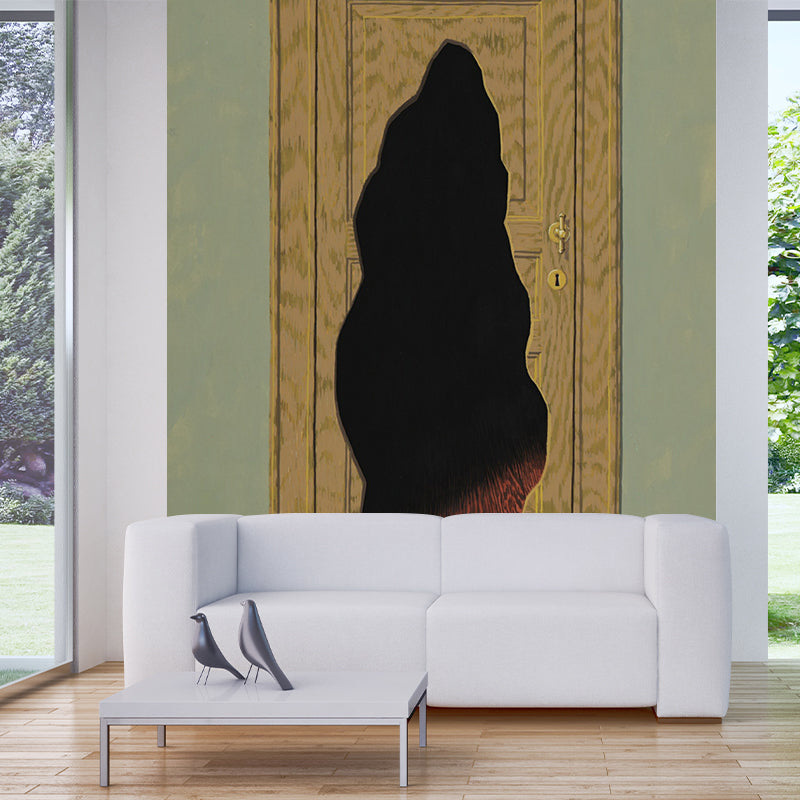 Surrealistic Door Hole Mural Wallpaper Red-Yellow-Green Stain Proof Wall Decor for Corridor