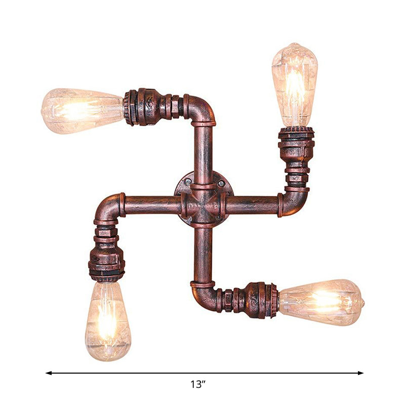 Water Pipe Wrought Iron Sconce Lamp with Exposed Bulb Industrial 4 Lights Restaurant Wall Light in Antique Copper