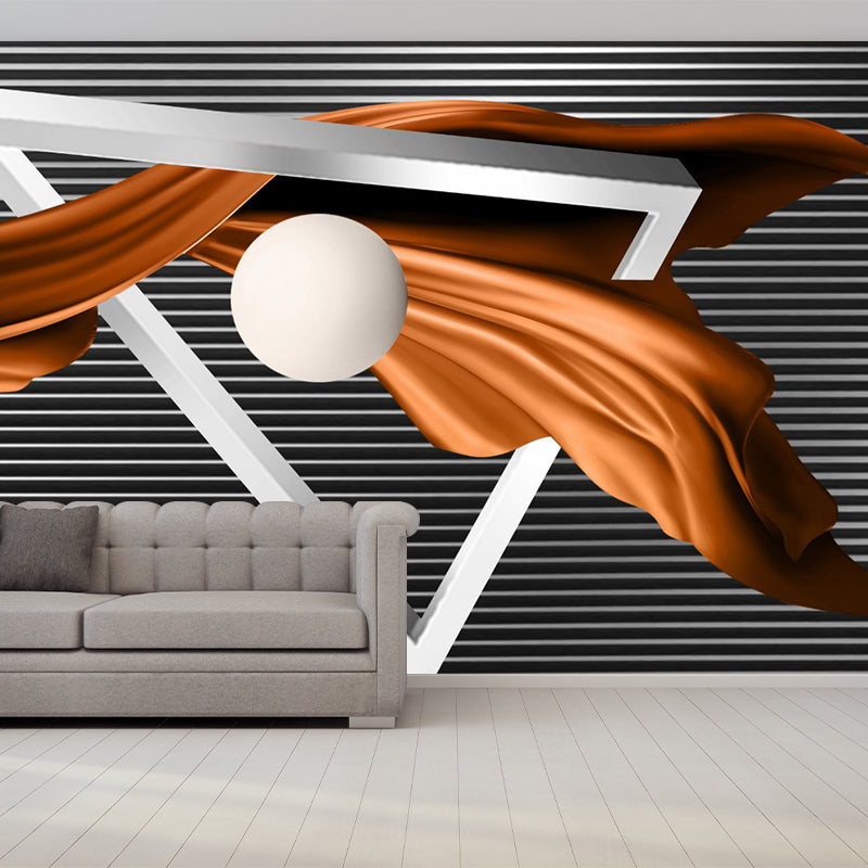 Modern Art Geometry Wall Murals in Grey-Orange Moisture Resistant Wall Covering for Living Room