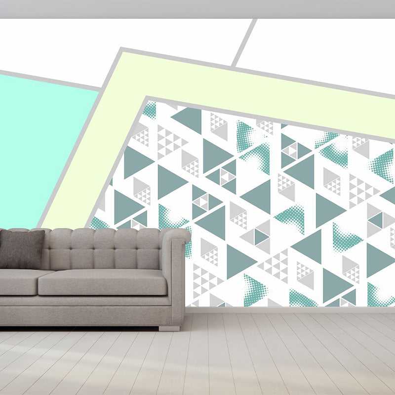 Blue-Green Geometrical Wallpaper Murals Stain Resistant Modern Living Room Wall Art