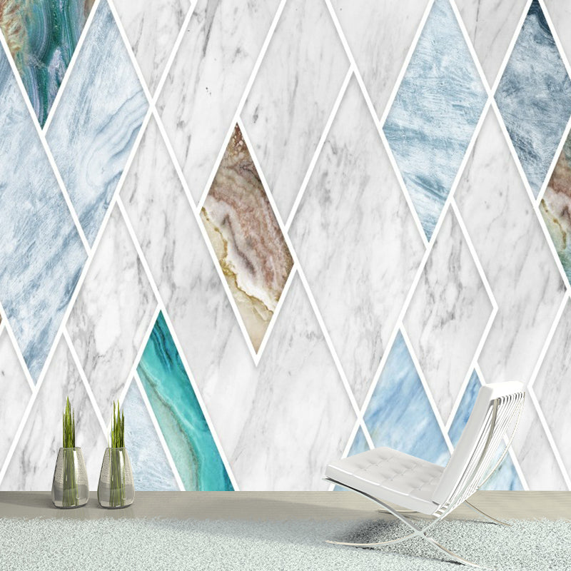 Blue-White Marble Wallpaper Mural Rhombus-Pattern Modern Stain Resistant Wall Art