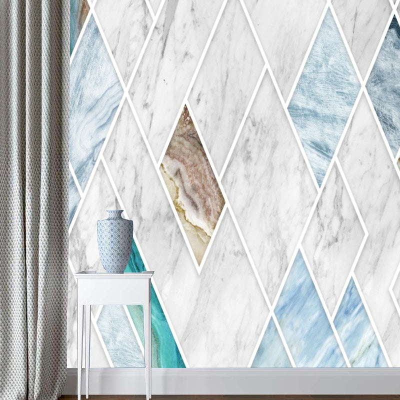 Blue-White Marble Wallpaper Mural Rhombus-Pattern Modern Stain Resistant Wall Art