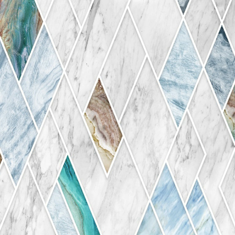 Blue-White Marble Wallpaper Mural Rhombus-Pattern Modern Stain Resistant Wall Art