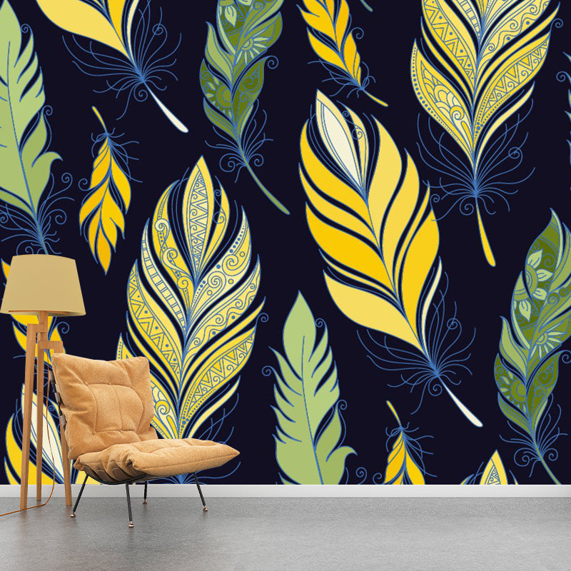 Exotic Feathers Print Wall Murals for Living Room, Yellow-Green, Custom Size Available