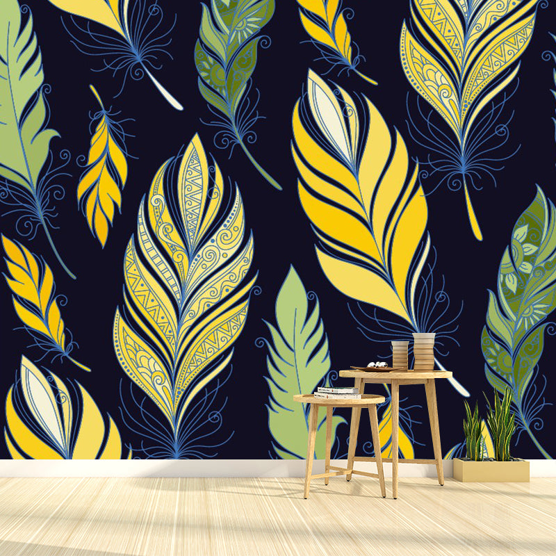 Exotic Feathers Print Wall Murals for Living Room, Yellow-Green, Custom Size Available