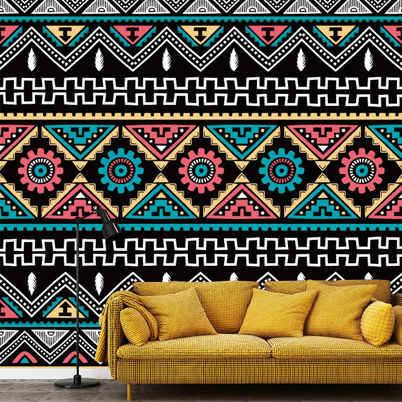Seamless Tribal Stripe Mural Wallpaper Red-Yellow-Green Bohemian Wall Decor for Home