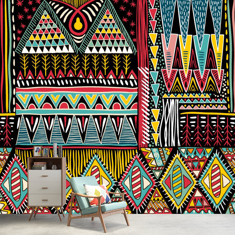 Boho Tribal Symbol Wall Mural Red-Yellow-Green Geometry Wall Covering for Bedroom