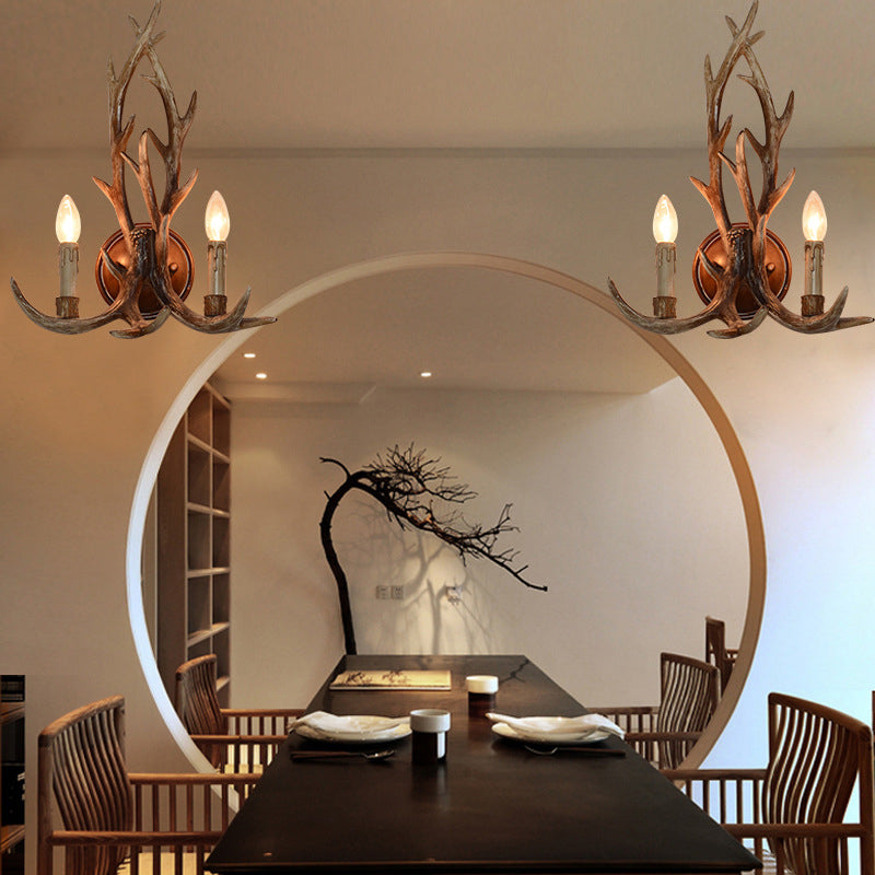 Open Bulb Wall Lamp with Deer Horn Resin 1 Light Lodge Country Sconce Light for Kitchen