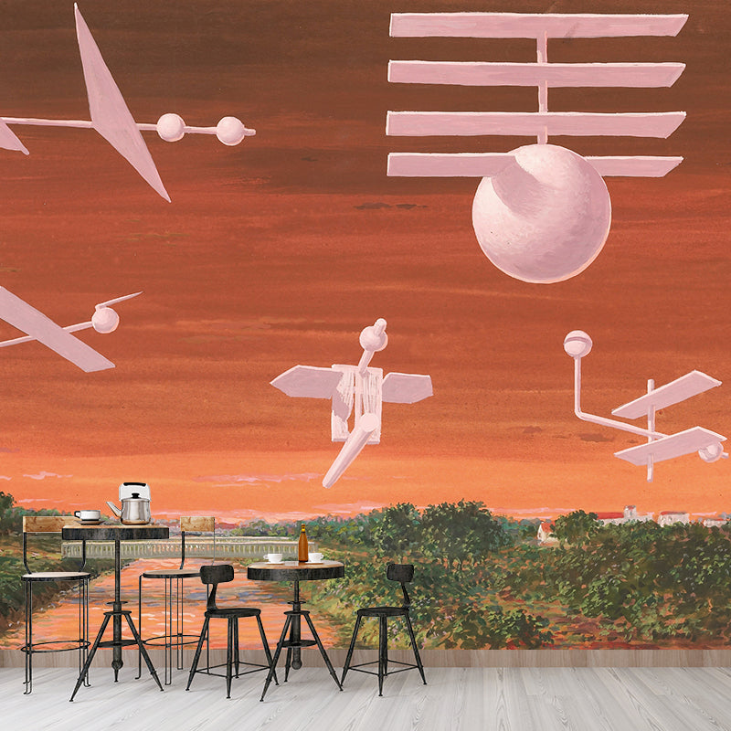 Orange-Green Flying Object Murals Moisture Resistant Surreal Bedroom Wall Decoration