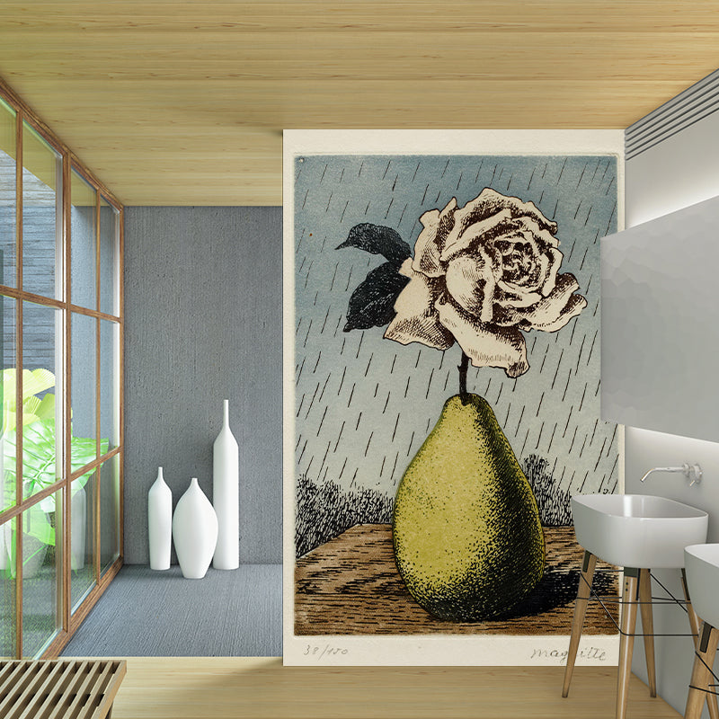 Giant Surrealist Wall Paper Murals Grey-Yellow Pear Vase with Blossom Rose Wall Covering, Size Optional