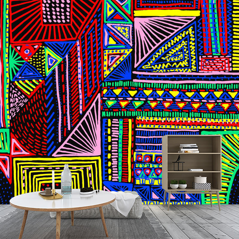Bohemian Girls Wall Paper Murals with Geometric Element Rose Red-Blue-Green Wall Art