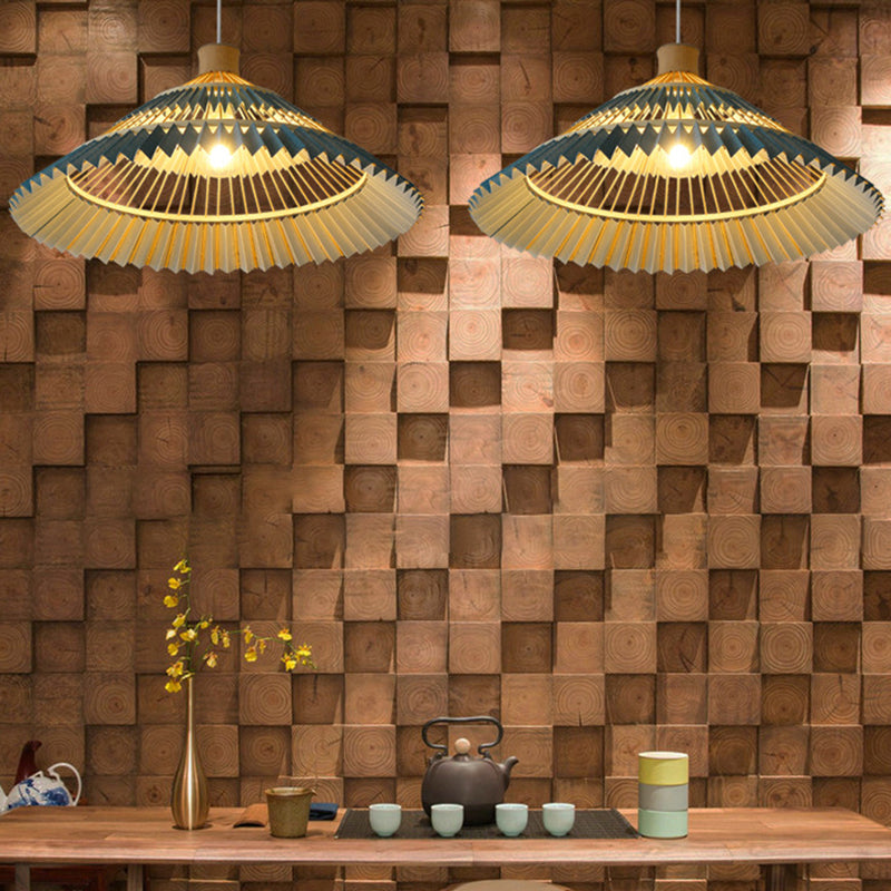 Blauwe conische schaduw hangende hanglamp Zuidoost-Azië 1 hoofd bamboe plafondverlichting over tafel, 16 "/19.5" w