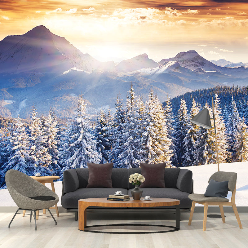 Custom Photography Modern Mural with Sunset at Snowy Pine Forest Pattern in Blue-Brown
