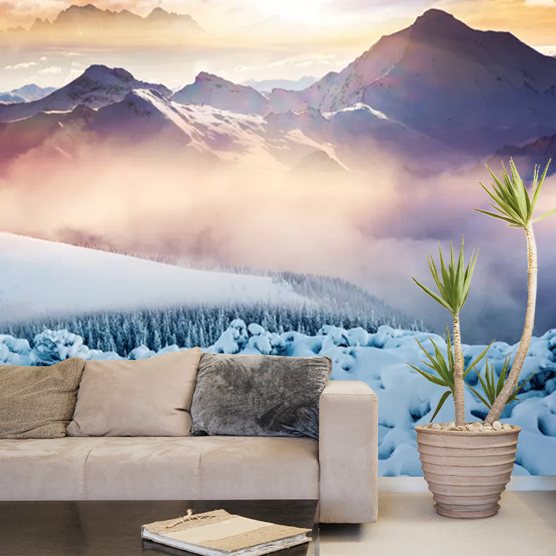Modern Foggy Snow Mountain Mural for Living Room Custom Wall Decor in Orange-Blue
