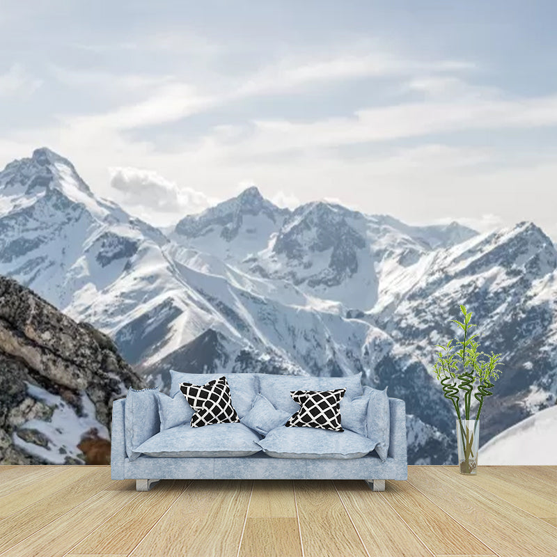 Modern Snowy Mountain Range Murals Blue and White Winter Landscape Wall Covering