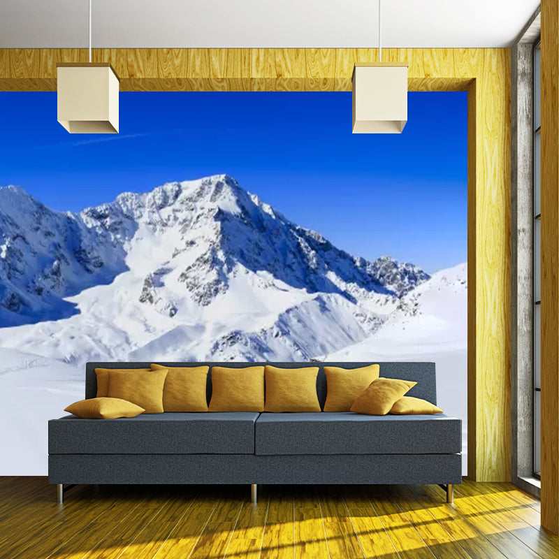 Full Size Snow Scenery Mural for Bedroom Straight Road to Mountain Pattern Wall Decor in Blue-White, Waterproof