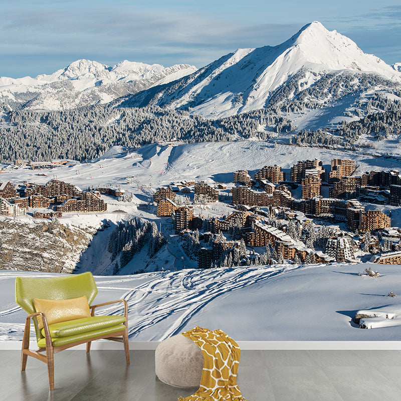 Grey-White Contemporary Mural Decal Large Mountain Village after Snowfall Wall Art for Home