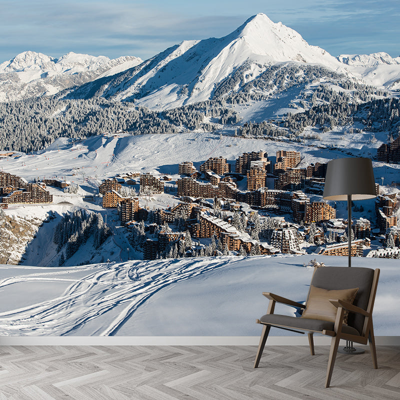 Grey-White Contemporary Mural Decal Large Mountain Village after Snowfall Wall Art for Home