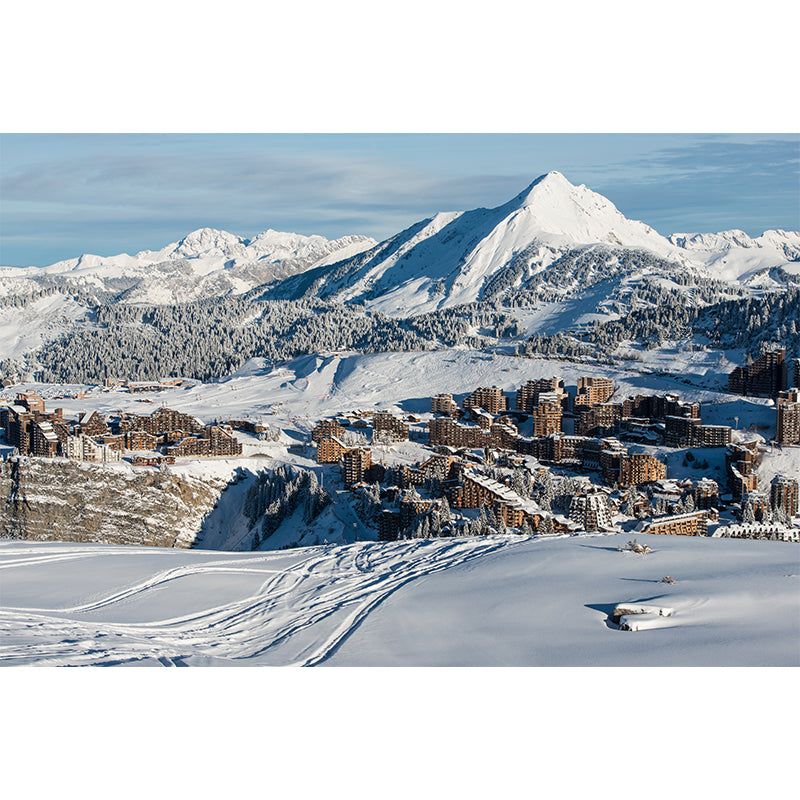 Grey-White Contemporary Mural Decal Large Mountain Village after Snowfall Wall Art for Home