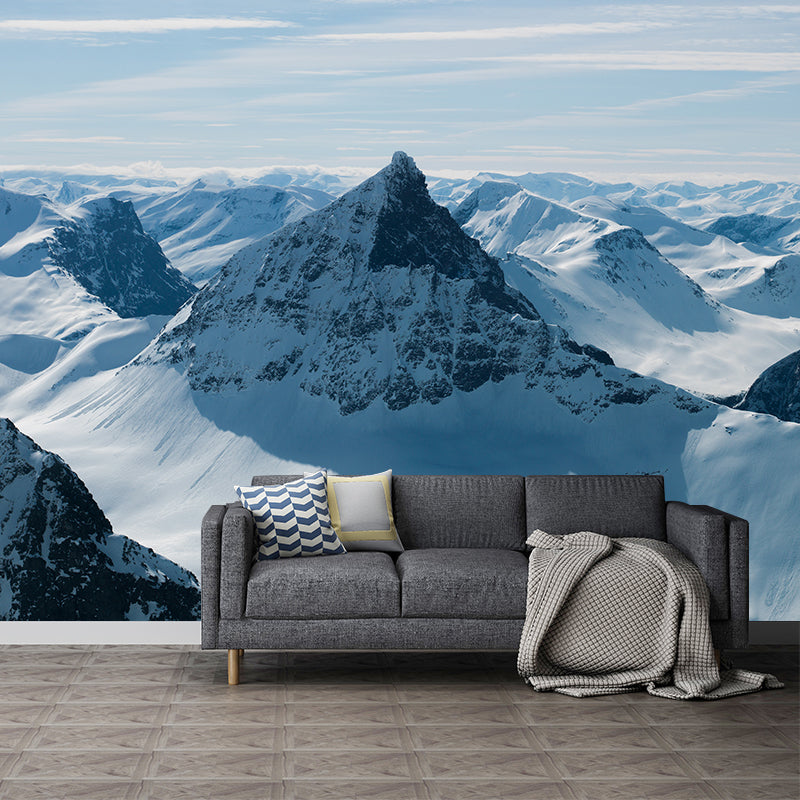 Modern Snowy Mountain Landscape Mural Blue-White Stain Resistant Wall Decor for Living Room