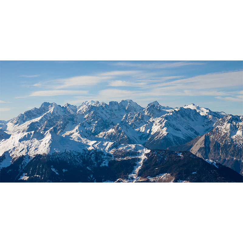 Customized Photography Modern Wall Mural with Sun Illuminating Snow Mountain Pattern, Blue-White