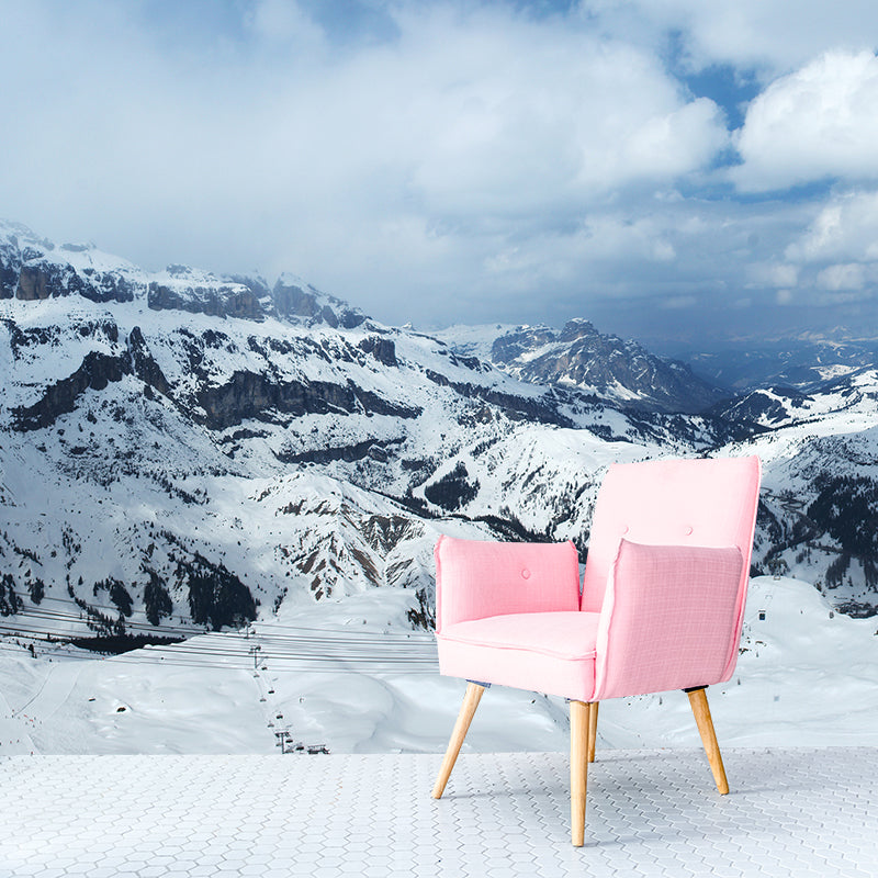 Cloudy Snow Mountain Wall Murals Blue-White Contemporary Wall Decor for Living Room